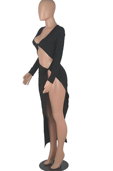 Red Euramerican Women Solid Color Long Sleeve Crop High Split High Waist Long Dress FMM2081-1