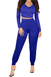 Bright Blue Womwn Autumn Long Sleeve V Collar Zipper Pure Color Sexy Bodycon Pants Sets FMM2051-5