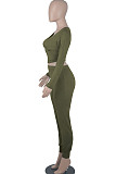 Khaki Womwn Autumn Long Sleeve V Collar Zipper Pure Color Sexy Bodycon Pants Sets FMM2051-6