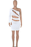 Black Women One Shoulder Pure Color Hollw Out Single Sleeve High Waist Sexy Bodycon Hip Mini Dress FMM2093-6