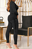 Army Green Women Long Sleeve Tight Solid Color Drawsting Casual Round Collar Pants Sets FMM2079-4