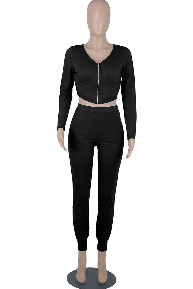 Black Womwn Autumn Long Sleeve V Collar Zipper Pure Color Sexy Bodycon Pants Sets FMM2051-2