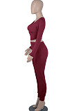 Wine Red Womwn Autumn Long Sleeve V Collar Zipper Pure Color Sexy Bodycon Pants Sets FMM2051-3