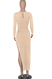 Wine Red Euramerican Women Solid Color Long Sleeve Crop High Split High Waist Long Dress FMM2081-2