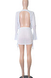 Blue Sexy Club Suit Long Sleeve Deep V Collar Pure Color Backless Mesh Spaghetti Skirts Sets FMM2095-3