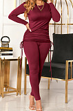 Army Green Women Long Sleeve Tight Solid Color Drawsting Casual Round Collar Pants Sets FMM2079-4