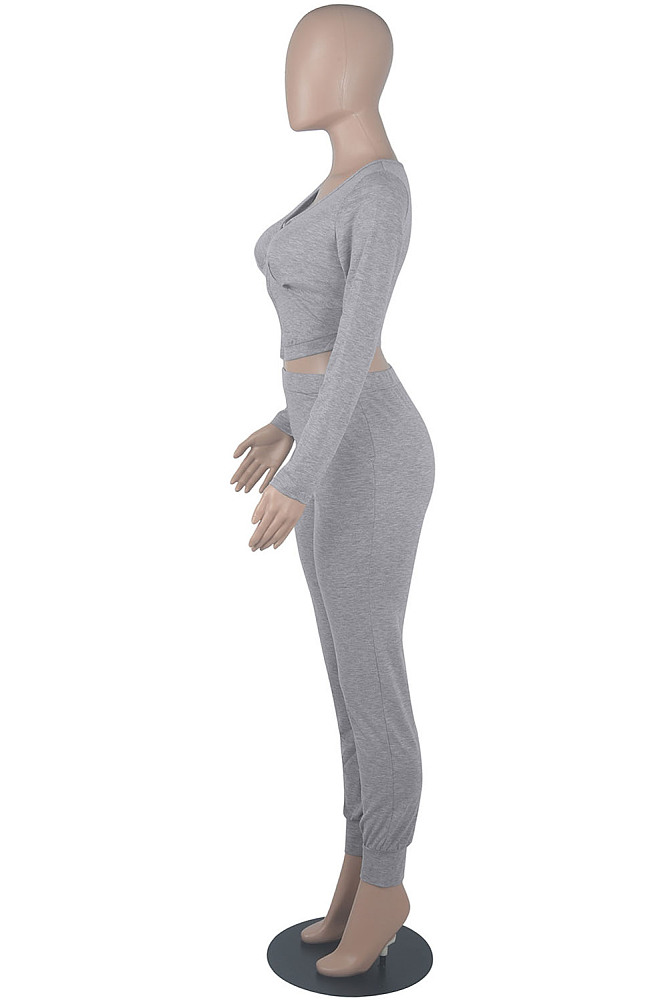 Wine Red Womwn Autumn Long Sleeve V Collar Zipper Pure Color Sexy Bodycon Pants Sets FMM2051-3