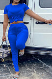 Yellow Women Shirred Detail Pure Color Short Sleeve T Shirt Bodycon Pants Sets AL153-3