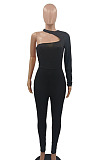 White Women Long Sleeve One Shoulder Solid Color Sexy Bodycon Jumpsuits QMX1012-1
