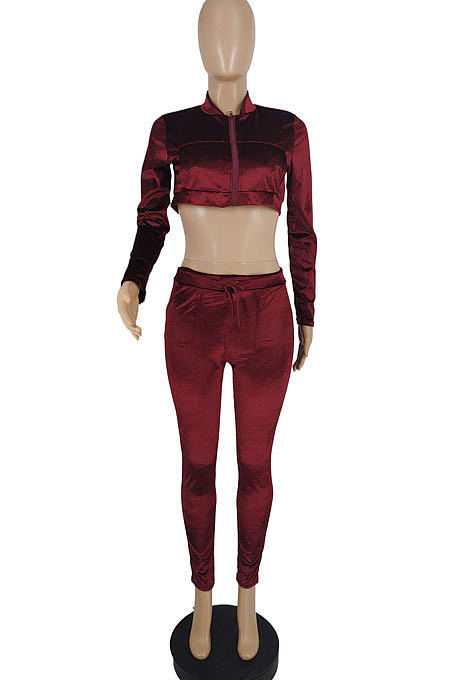 Wine Red Autumn Winter Velvet Long Sleeve Zip Front Crop Coat Pencil Pants Casual Sets SQ90081-1