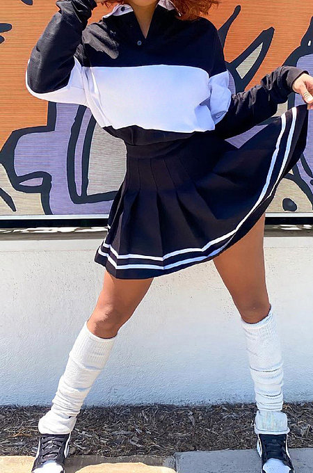 Black Preppy Newest Spliced Long Sleeve Lepal Neck Top Side Strip Mini Skirts Sport Sets SZS8165-2