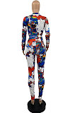 Pink Splash-lnk Print Long Sleeve V Neck Buttons Knot Shirts Pencil Pants Sets PQ8058-3