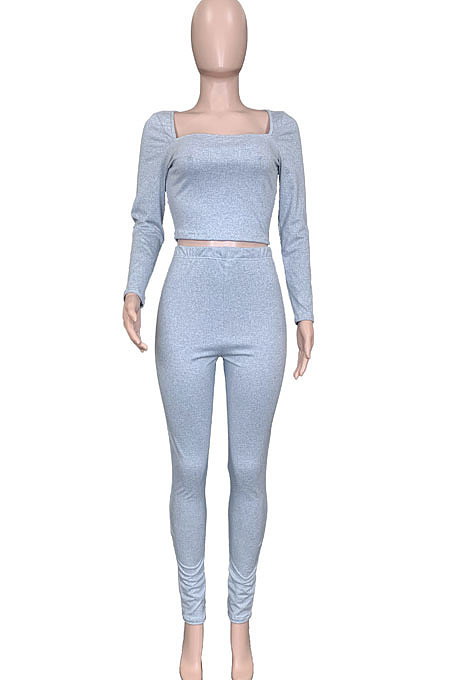 Black Women Autumn Winter Elastic Sexy U Collar Solid Color Long Sleeve Long Pants Sets MOL174-2