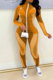 Orange Autumn Winter New Digital Print Long Sleeve Zip Front Coat Pencil Pants Casual Sets QSS51047-1