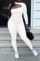 White Women Long Sleeve One Shoulder Solid Color Sexy Bodycon Jumpsuits QMX1012-1