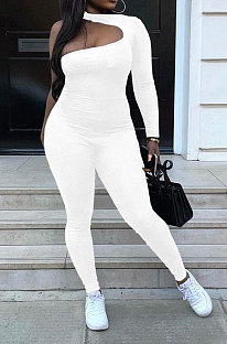 White Women Long Sleeve One Shoulder Solid Color Sexy Bodycon Jumpsuits QMX1012-1