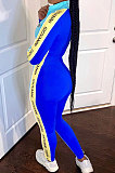 Sky Blue Autumn Winter Letter Print Contrast Color Long Sleeve Stand Neck Zip Front Slim Fitting Bobycon Jumpsuits XMY075