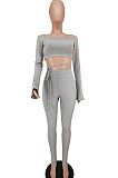 Orange Women A Word Shoulder Ruffle Sleeve Sexy Bandage Hollow Out Pants Sets HZF57809-1