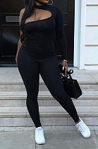 Balck Women Long Sleeve One Shoulder Solid Color Sexy Bodycon Jumpsuits QMX1012-2