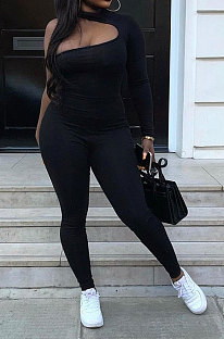 Balck Women Long Sleeve One Shoulder Solid Color Sexy Bodycon Jumpsuits QMX1012-2