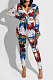 White Splash-lnk Print Long Sleeve V Neck Buttons Knot Shirts Pencil Pants Sets PQ8058-2