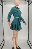 Dark Green Women Long Sleeve Cardigan Turn-Down Collar Fashion Sexy Ruffle Skirts Sets SMY81112-2