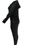 Blue Newest Velvet Long Sleeve Zip Front Hooded Coat Sweat Pants Solid Color Sets OEP6310-4