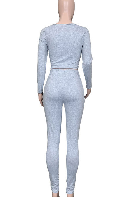 Gray Women Autumn Winter Elastic Sexy U Collar Solid Color Long Sleeve Long Pants Sets MOL174-1