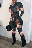 Wine Red Fashion Print Long Sleeve Crop Hoodie High WaIst Badage Bodycon Pants Sets PQ8009-2
