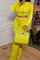 Yellow Cotton Blend Long Sleeve Zip Front Coat Pencil Pants Solid Color Sport Sets XMY072-1