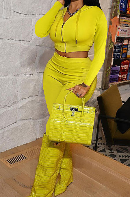 Yellow Cotton Blend Long Sleeve Zip Front Coat Pencil Pants Solid Color Sport Sets XMY072-1