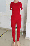 Blue Women Shirred Detail Pure Color Short Sleeve T Shirt Bodycon Pants Sets AL153-7