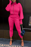 Black Women Long Sleeve Zipper Pure Color Bodycon Pants Sets QMQ7064-2