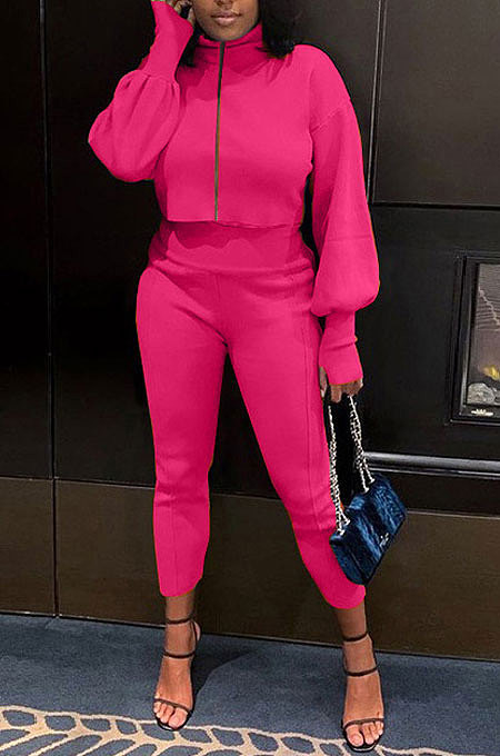 Black Women Long Sleeve Zipper Pure Color Bodycon Pants Sets QMQ7064-2