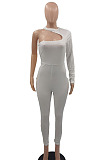 White Women Long Sleeve One Shoulder Solid Color Sexy Bodycon Jumpsuits QMX1012-1