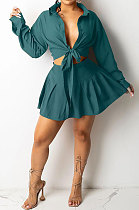 Dark Green Women Long Sleeve Cardigan Turn-Down Collar Fashion Sexy Ruffle Skirts Sets SMY81112-2