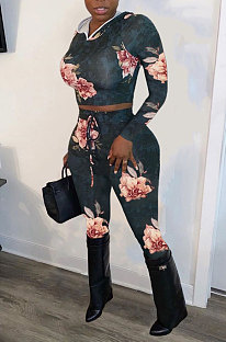 Gray Cyan Fashion Print Long Sleeve Crop Hoodie High WaIst Badage Bodycon Pants Sets PQ8009-1