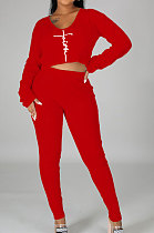 Red Women Autumn Winter Sexy Crop Personality Printing Pants Sets PY0838-3