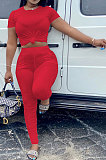 Yellow Women Shirred Detail Pure Color Short Sleeve T Shirt Bodycon Pants Sets AL153-3