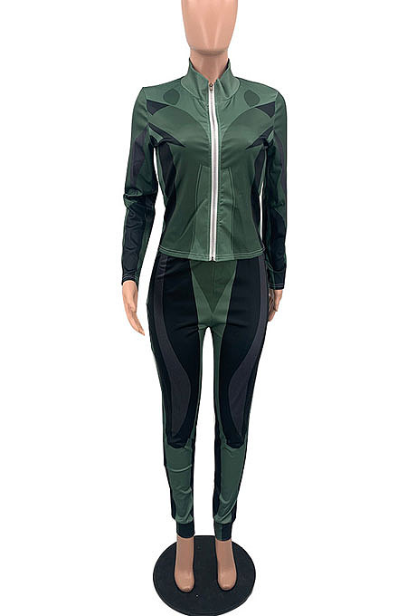Army Green Autumn Winter New Digital Print Long Sleeve Zip Front Coat Pencil Pants Casual Sets QSS51047-2