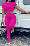 Orange Women Shirred Detail Pure Color Short Sleeve T Shirt Bodycon Pants Sets AL153-4