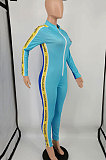 Sky Blue Autumn Winter Letter Print Contrast Color Long Sleeve Stand Neck Zip Front Slim Fitting Bobycon Jumpsuits XMY075