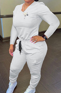 White Wholesale Casual Long Sleeve V Neck T-Shirts Drawsting Pants Solid Color Sets PQ8059-2