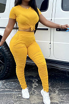 Yellow Women Shirred Detail Pure Color Short Sleeve T Shirt Bodycon Pants Sets AL153-3