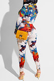 Pink Splash-lnk Print Long Sleeve V Neck Buttons Knot Shirts Pencil Pants Sets PQ8058-3