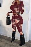 Gray Cyan Fashion Print Long Sleeve Crop Hoodie High WaIst Badage Bodycon Pants Sets PQ8009-1