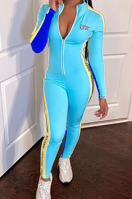 Sky Blue Autumn Winter Letter Print Contrast Color Long Sleeve Stand Neck Zip Front Slim Fitting Bobycon Jumpsuits XMY075