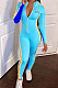 Sky Blue Autumn Winter Letter Print Contrast Color Long Sleeve Stand Neck Zip Front Slim Fitting Bobycon Jumpsuits XMY075