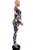Blue Splash-lnk Print Long Sleeve V Neck Buttons Knot Shirts Pencil Pants Sets PQ8058-1