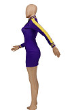 Purple Euramerican Women Long Sleeve Zipper Casual Tight Mini Dress HZF57812-1